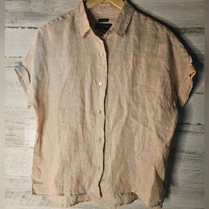Tahari 100% organic Linen Button Down Short Sleeve Casual Shirt Womens Medium